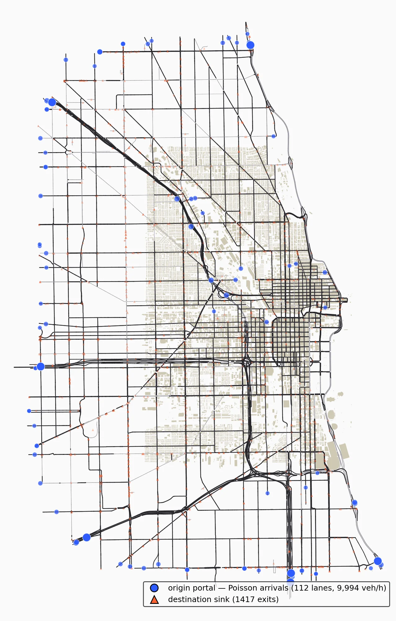Chicago road network with demand overlay — origin portals and destination sinks